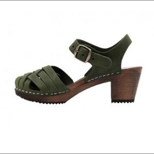 Genuine Swedish army green clogs with wooden heel